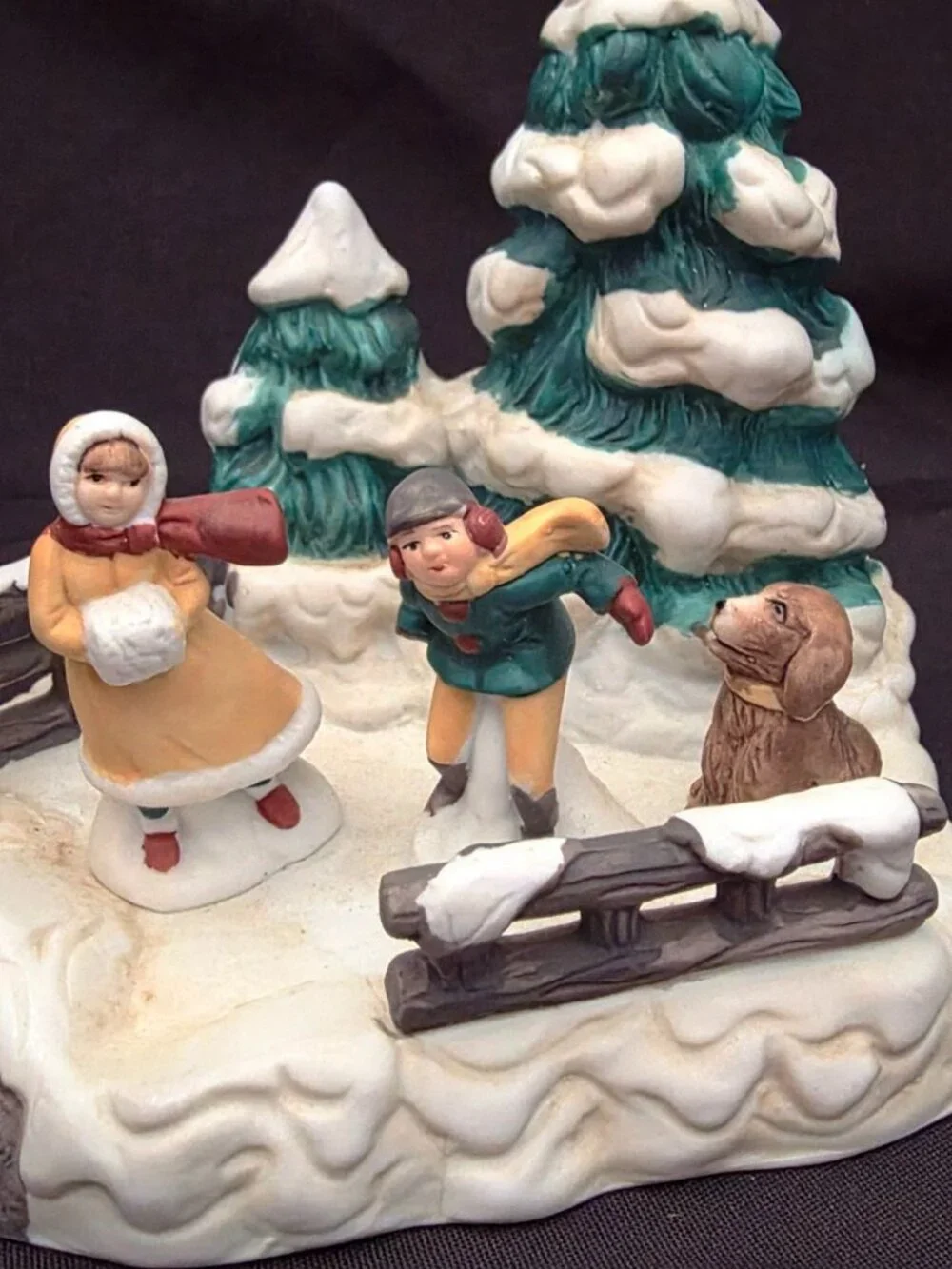 Christmas Village Dog Boy Girl playing by Trees winter snow scene figure Franks